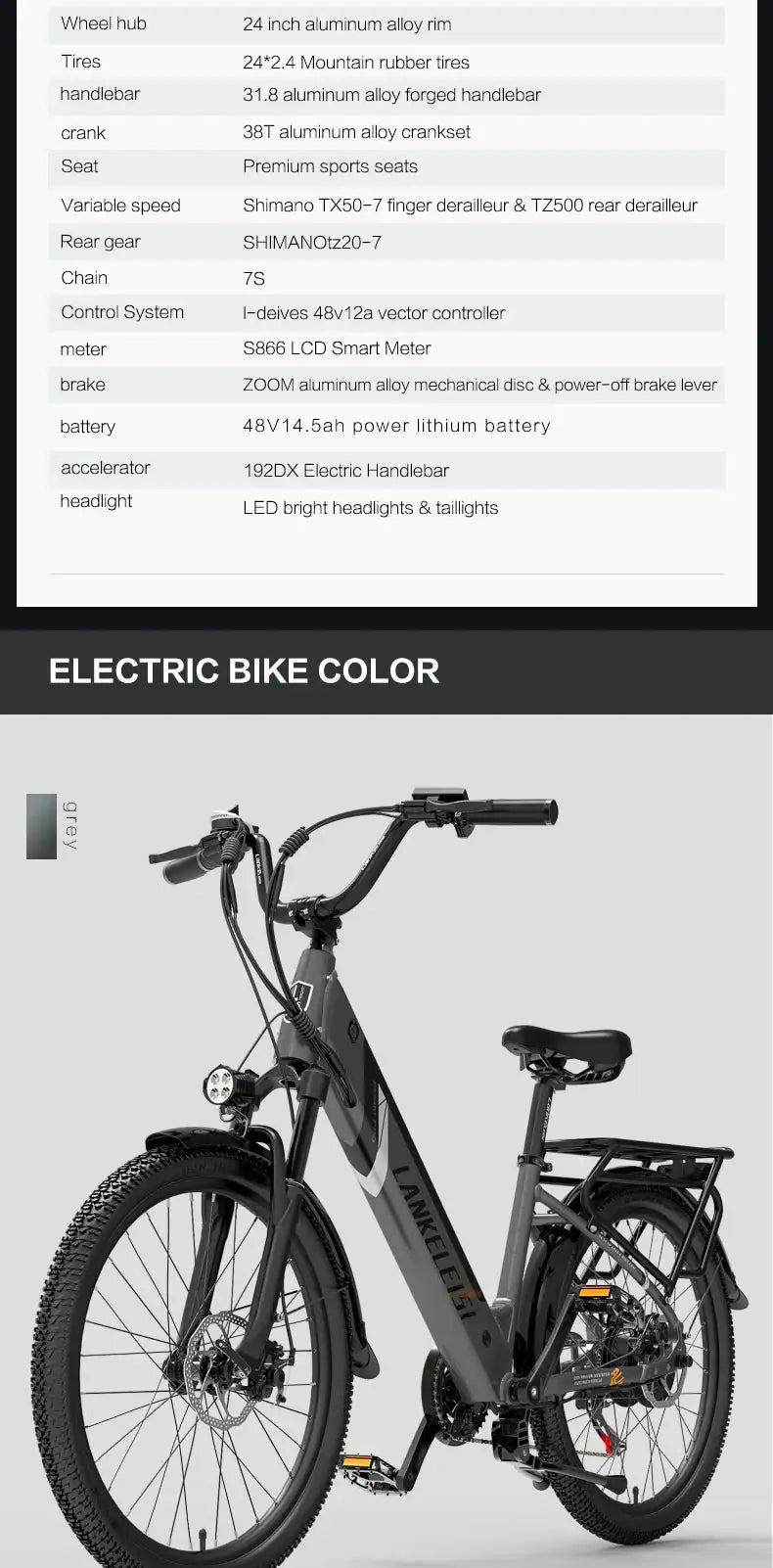 Lankeleisi ES500 Pro 500W 24" Electric Trekking Bike 696Wh City E-bike 48V 14.5Ah Battery - Buybestgear
