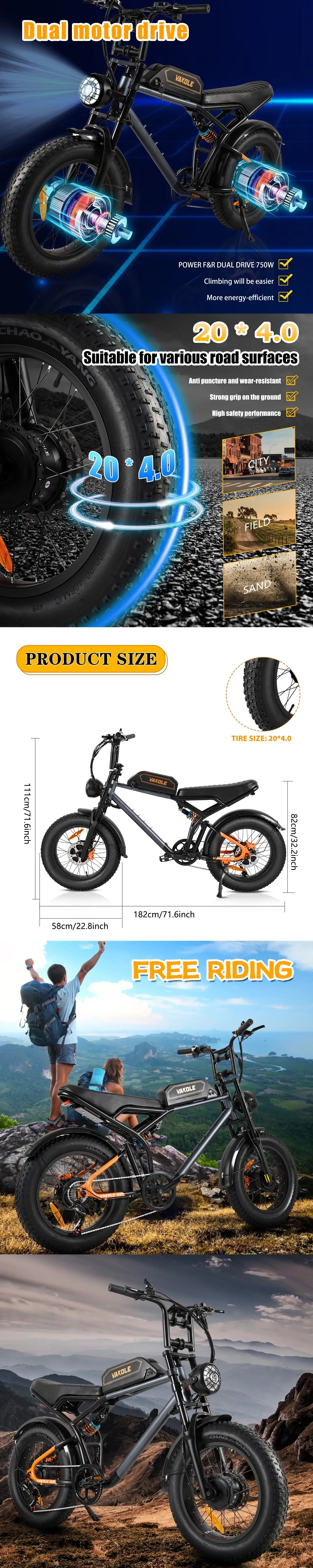 Vakole Q20 MAX 750W*2 Moteur Double Vélo Tout-Terrain 20